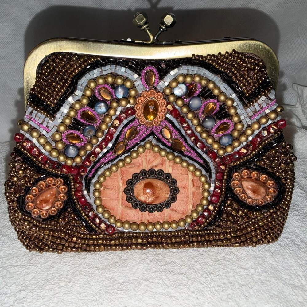 VTG Beaded Gemstone Clutch Evening Bag Brown Gold NWT